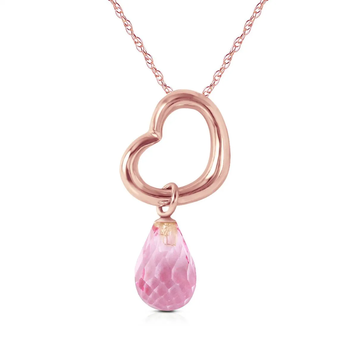 14K Solid Rose Gold Heart Necklace w/ Dangling Natural Pink Topaz