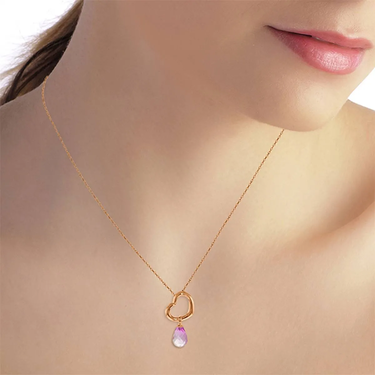 14K Solid Rose Gold Heart Necklace w/ Dangling Natural Pink Topaz