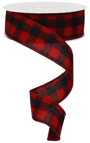 1.5"x10yd Fuzzy Flannel Check On Royal Burlap, Red/Black  1A