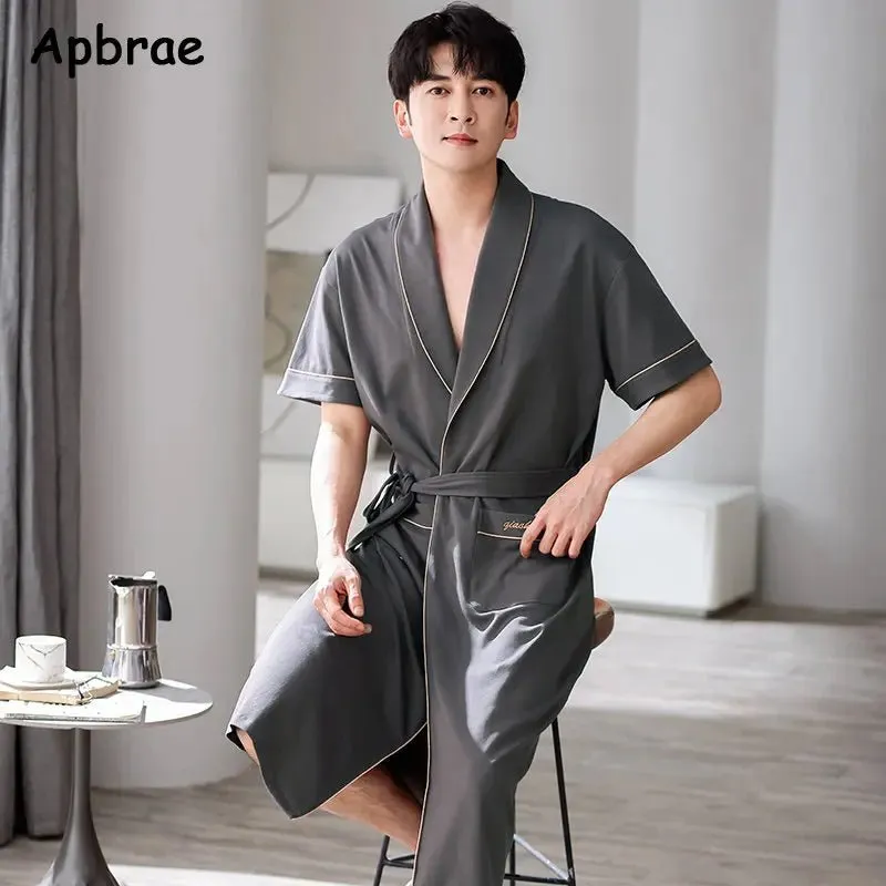 Apbrae New Summer Men's Soft Cotton Bathrobe Dark Grey Half Sleeve Solid Robe Big Size 4XL Fashion Elegant Kimono for Gentleman