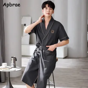 Apbrae New Summer Men's Soft Cotton Bathrobe Dark Grey Half Sleeve Solid Robe Big Size 4XL Fashion Elegant Kimono for Gentleman