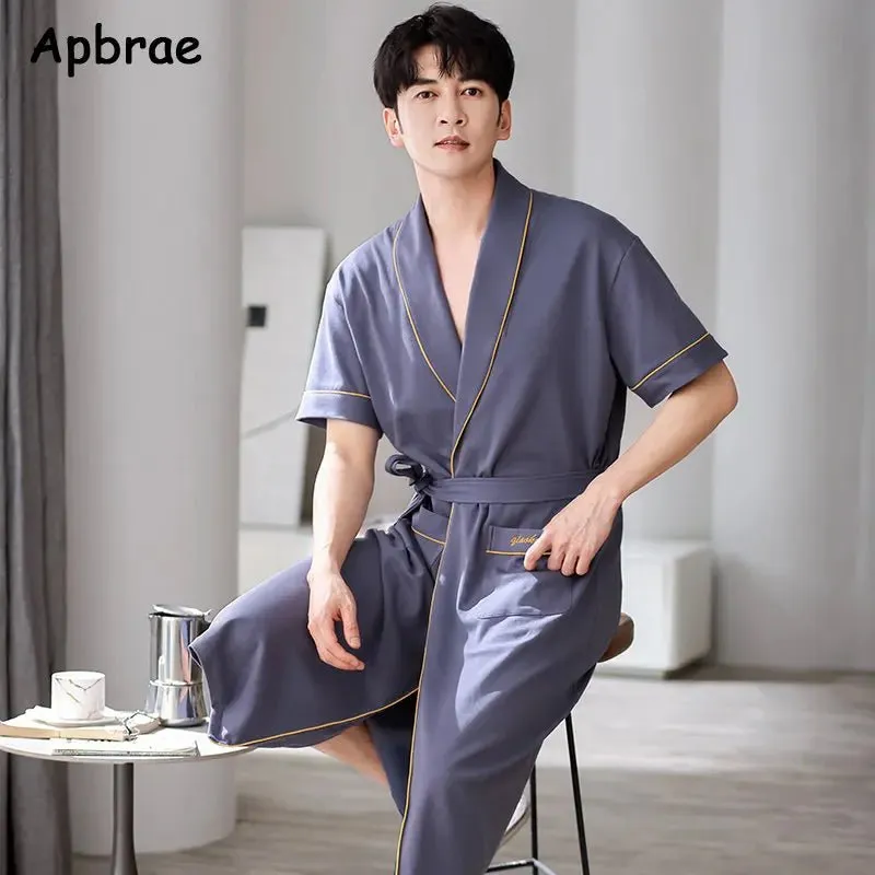 Apbrae New Summer Men's Soft Cotton Bathrobe Dark Grey Half Sleeve Solid Robe Big Size 4XL Fashion Elegant Kimono for Gentleman