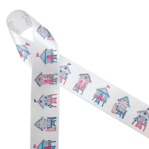 Beach shack ribbon in red white and blue for Fourth of July  printed on 1.5" white satin