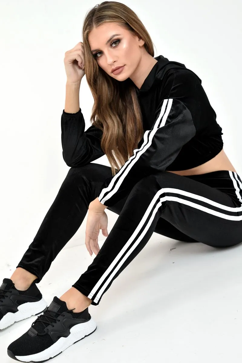 Black And White Stripe Velour Cropped Tracksuit - Deymi