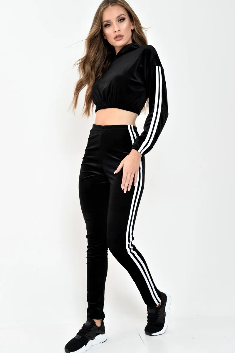 Black And White Stripe Velour Cropped Tracksuit - Deymi