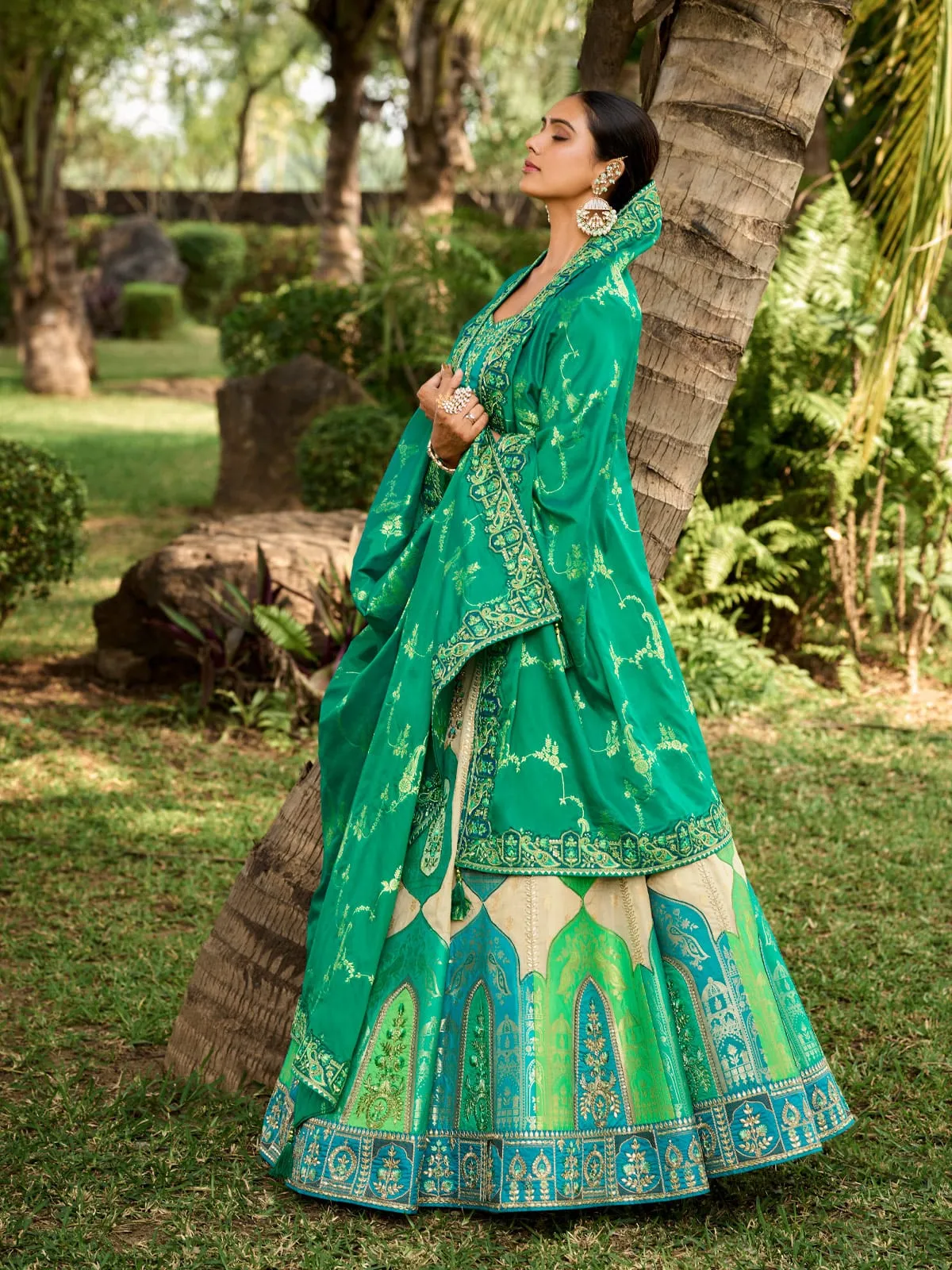 Cream and Green Silk Wedding Lehenga Choli