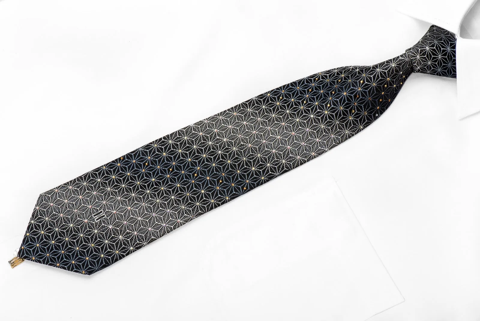 Daks Men's Crystal Silk Tie Silver Trellis On Black With Silver Sparkles