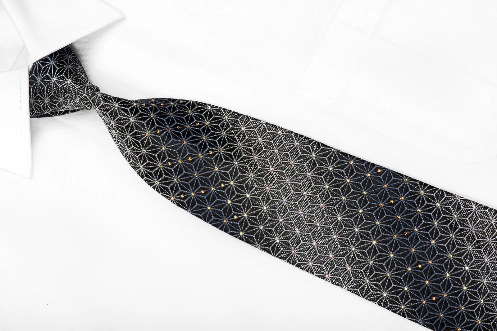 Daks Men's Crystal Silk Tie Silver Trellis On Black With Silver Sparkles