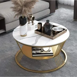 Dream Arts Marble Look Coffee Table Double-Layer Storage Center Table Round Tea Table or Teapoy for Living Room Bedroom (Gold White)