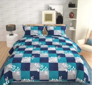 Floral Printed Polycotton Bedsheet Set (1 Super King Size bedsheet with 3 Pillow Covers, Teal and Navy Blue Color.