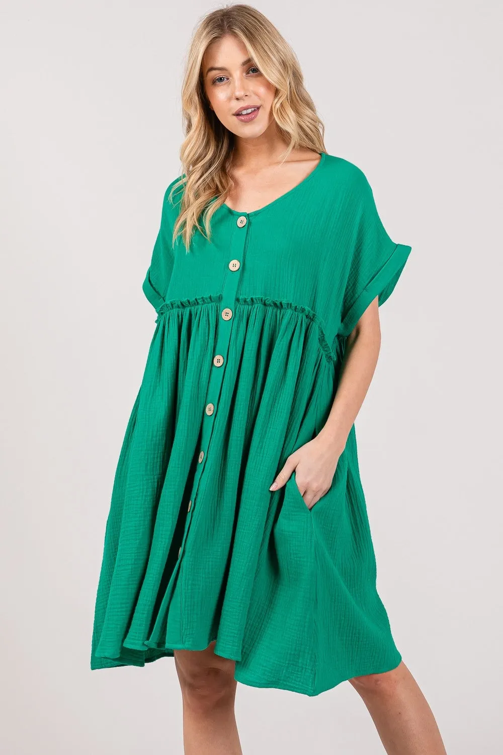 Full Size Button Up Short Sleeve Dress