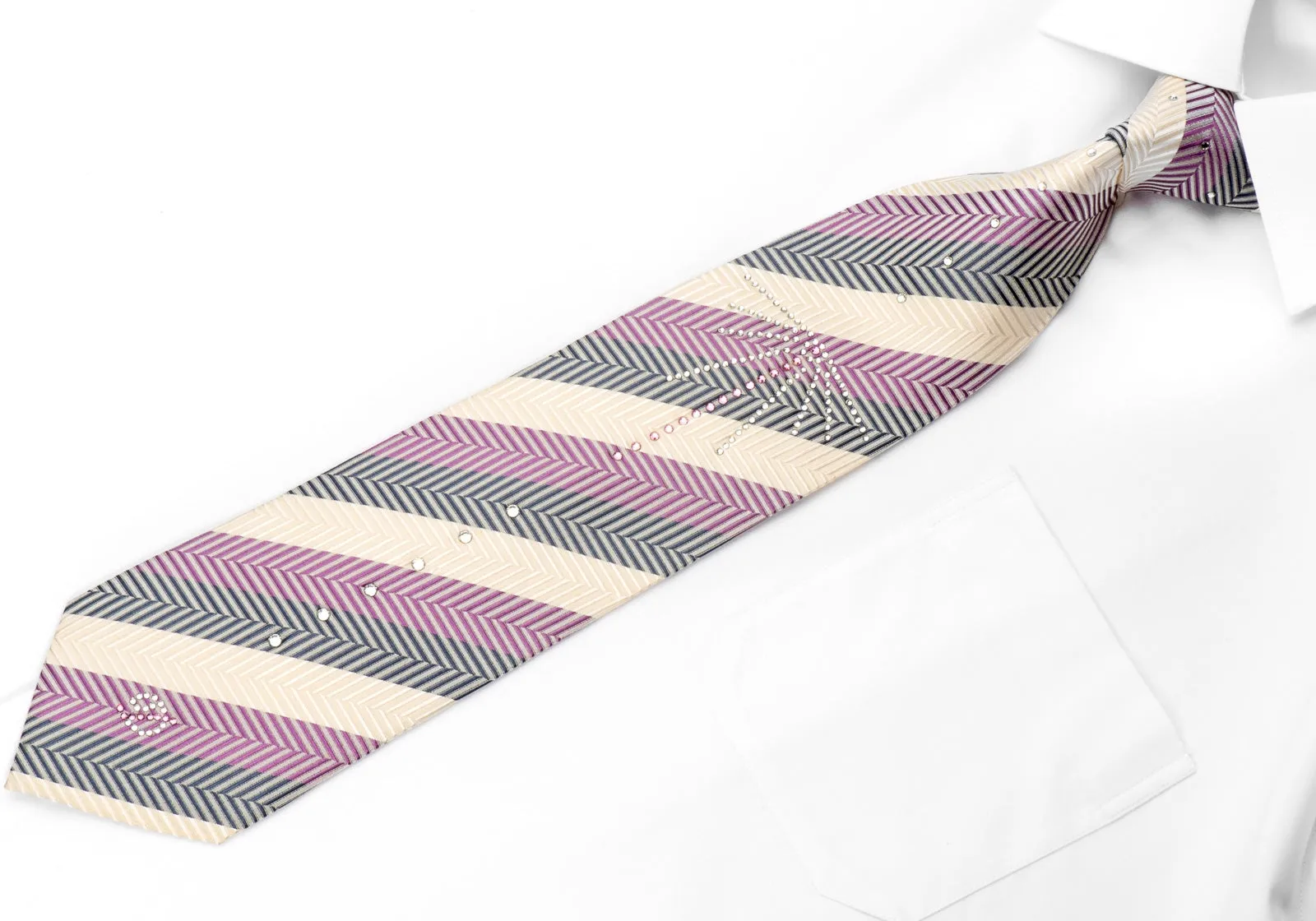 Good Day Men's Silk Crystal Rhinestone Necktie Purple Ivory Striped