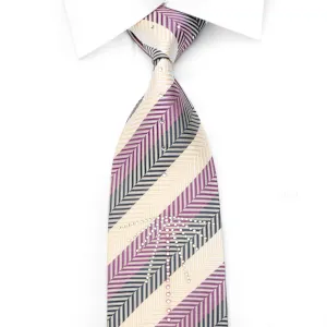 Good Day Men's Silk Crystal Rhinestone Necktie Purple Ivory Striped