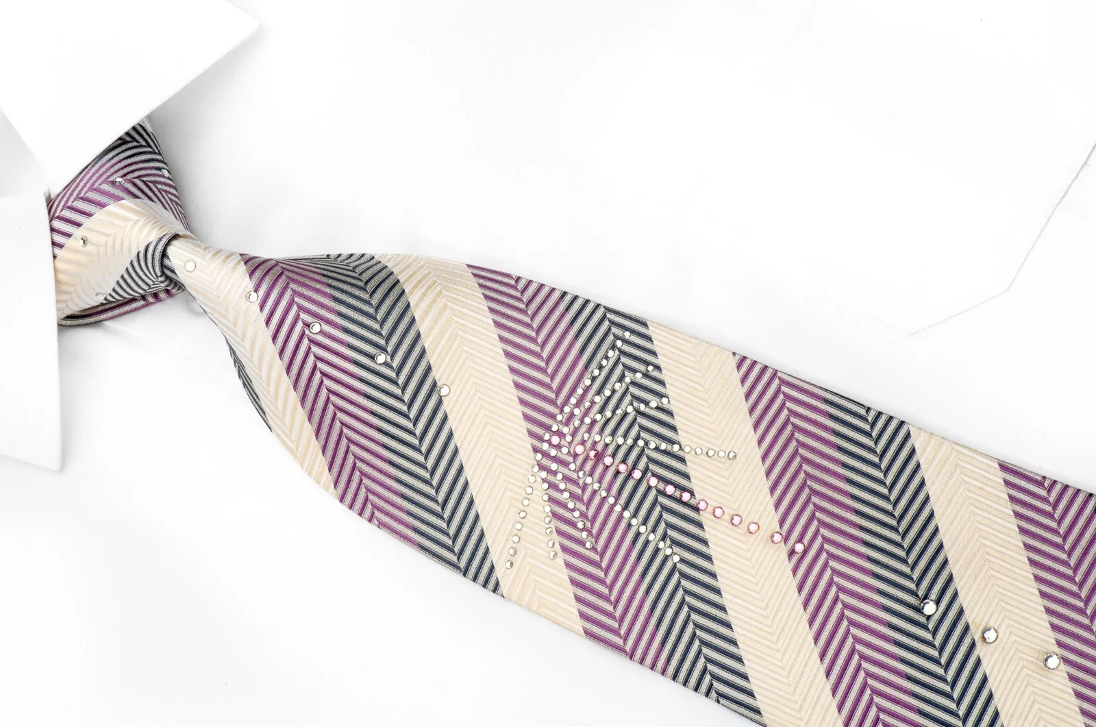 Good Day Men's Silk Crystal Rhinestone Necktie Purple Ivory Striped