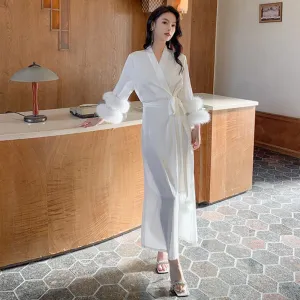 High Quality Women's Pajamas Long Robe Double Feather Cuffs Sleepwear Satin Luxury Bathrobe Elegant Lady Homewear Femme