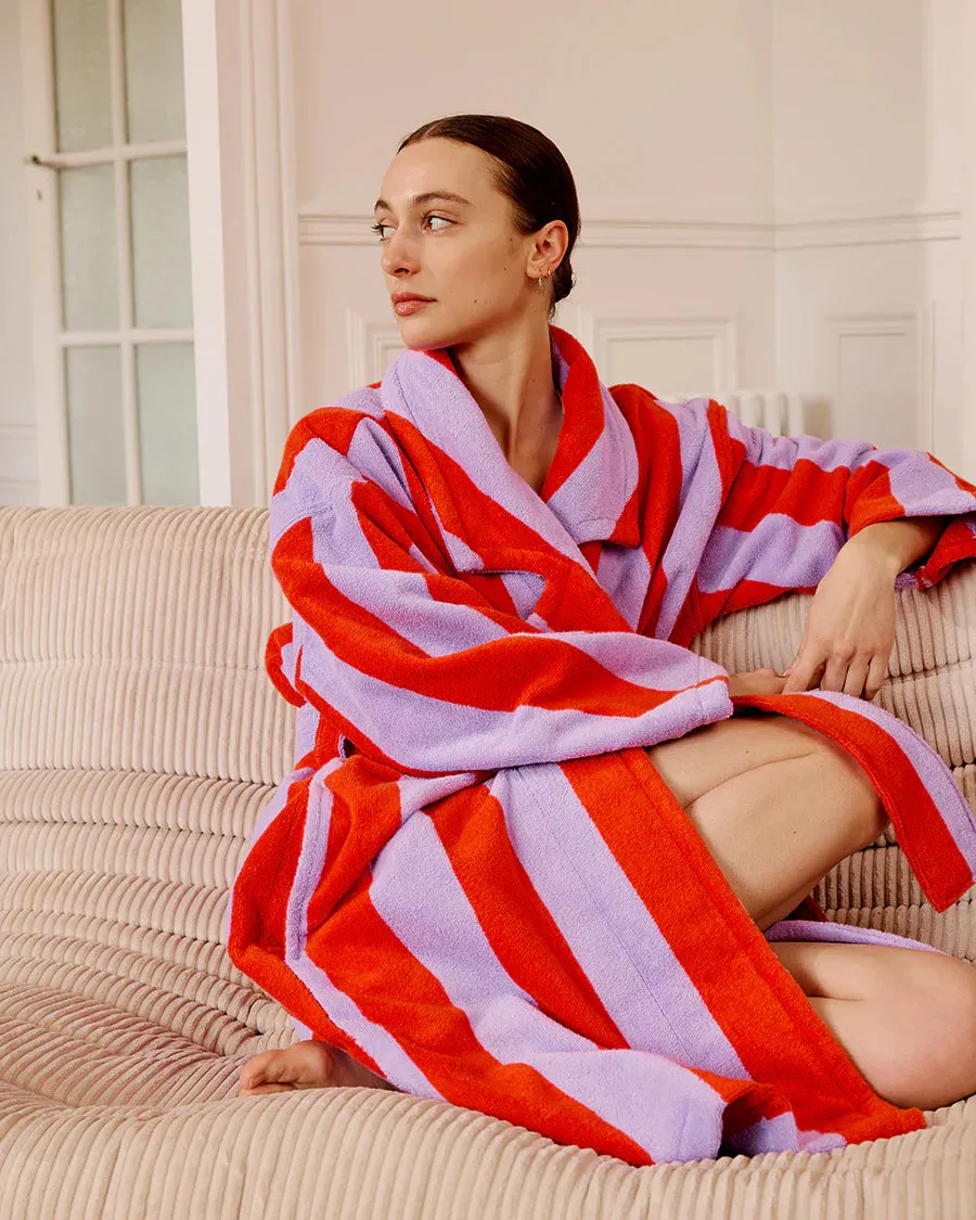 Cozy Grapefruit Striped Hommey Robe - Premium Loungewear