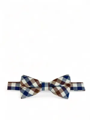 Navy, Brown and White Plaid Cotton Bow Tie by Paul Malone