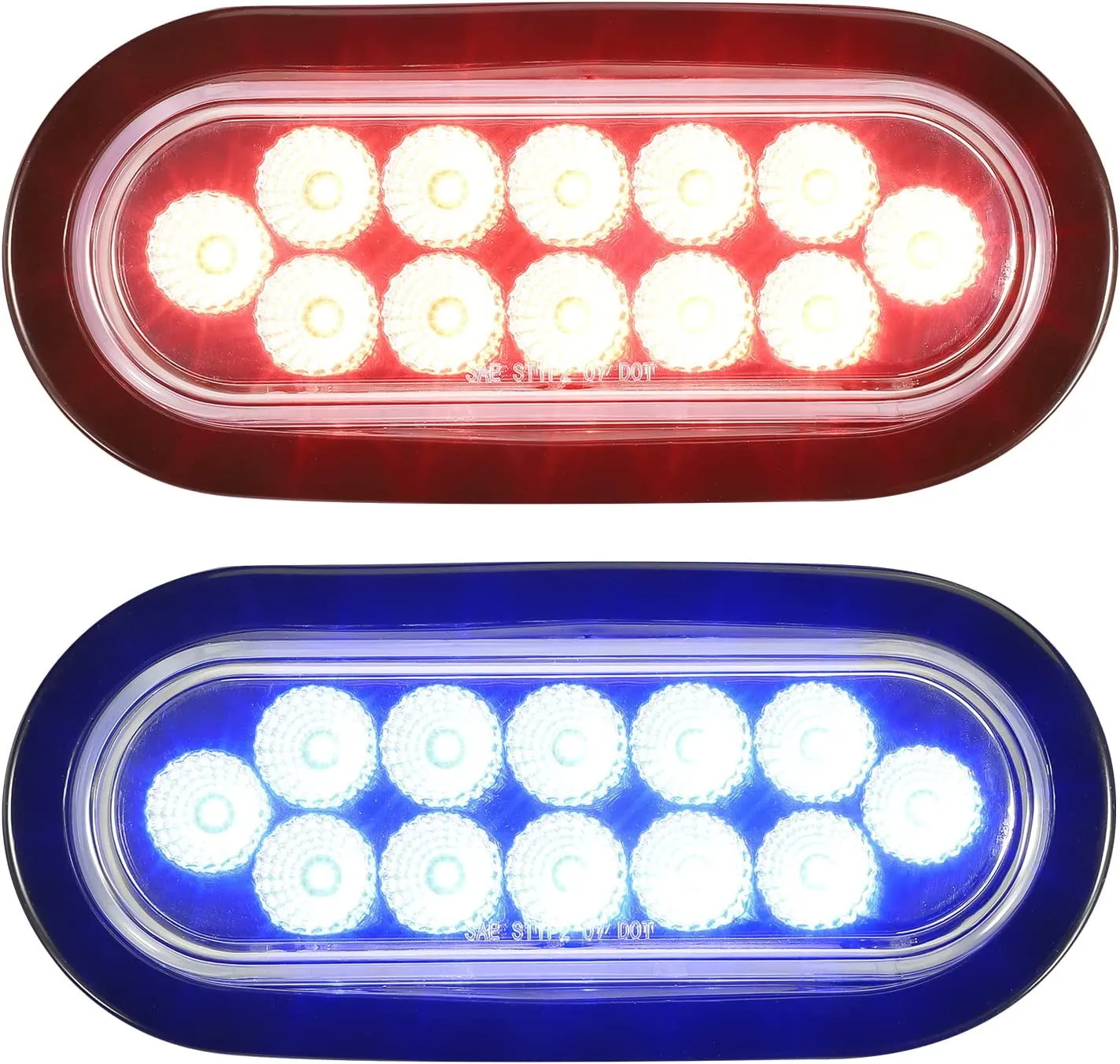 Partsam 2Pcs 6.7 Inch Oval Red Stop Turn Tail Lights and Blue Auxiliary Lights Kit 12 Diodes w/Rubber Grommets & 3-Prong Wire Pigtails Red/Blue Oval Led Truck Trailer Tail Lights and Auxiliary Lights