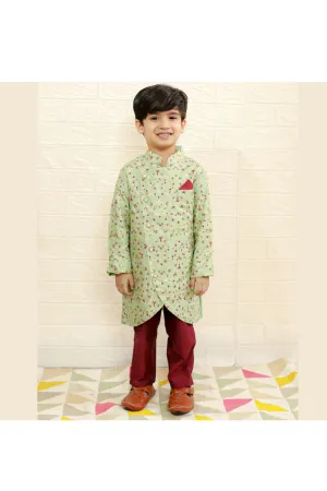 Pastel Green Floral Printed Asymmetrical Kurta With Pyjama Set