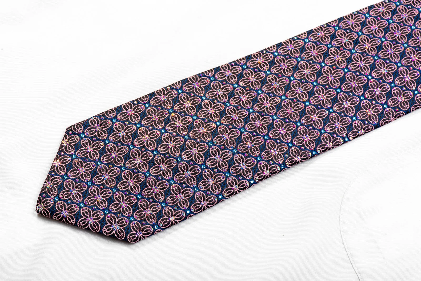 Elegant Black Renoma Silk Necktie with Pink Geometric Designs and Rhinestone Accents