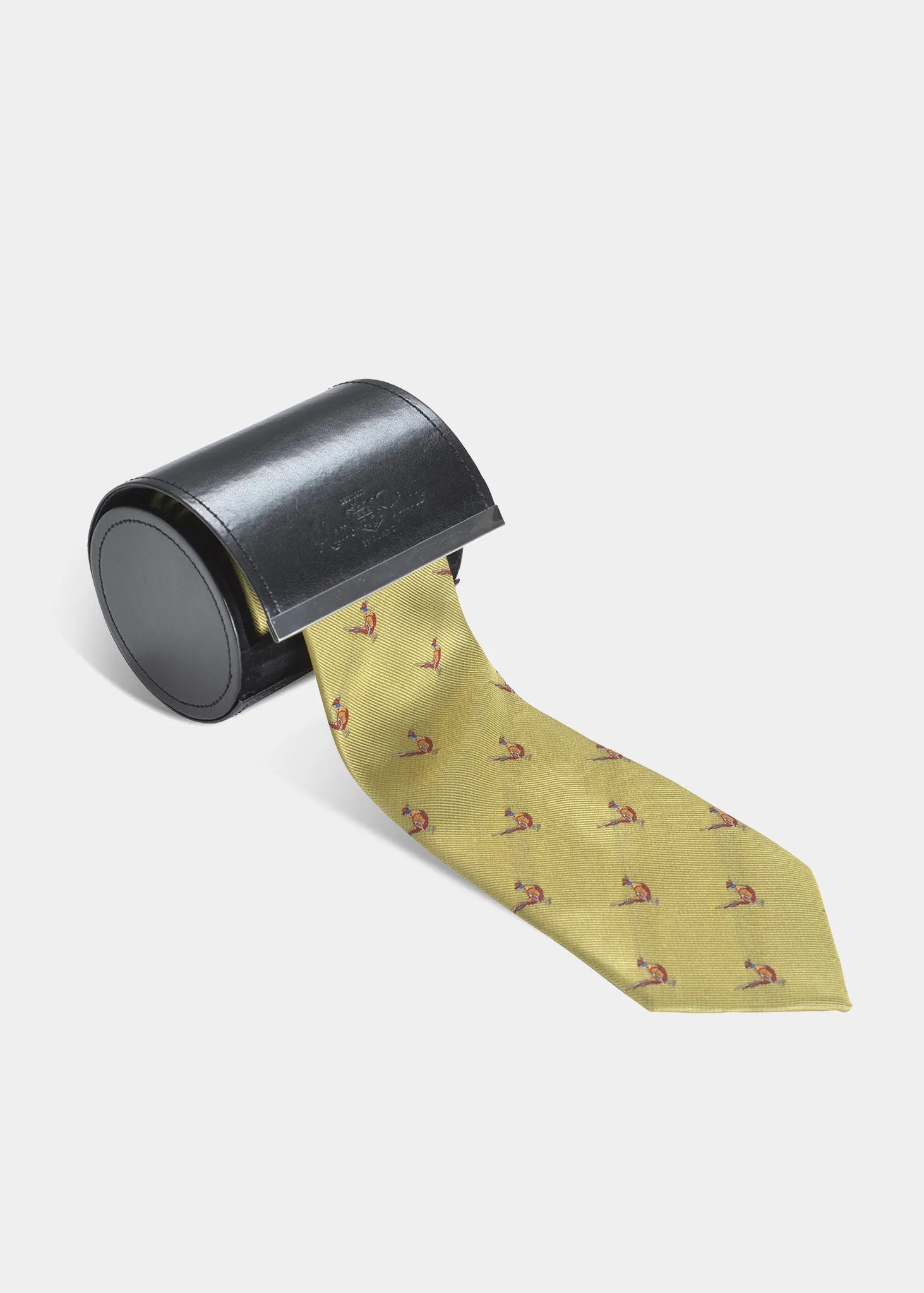 Ripon Silk Country Tie In Gold - Standing Pheasant Design