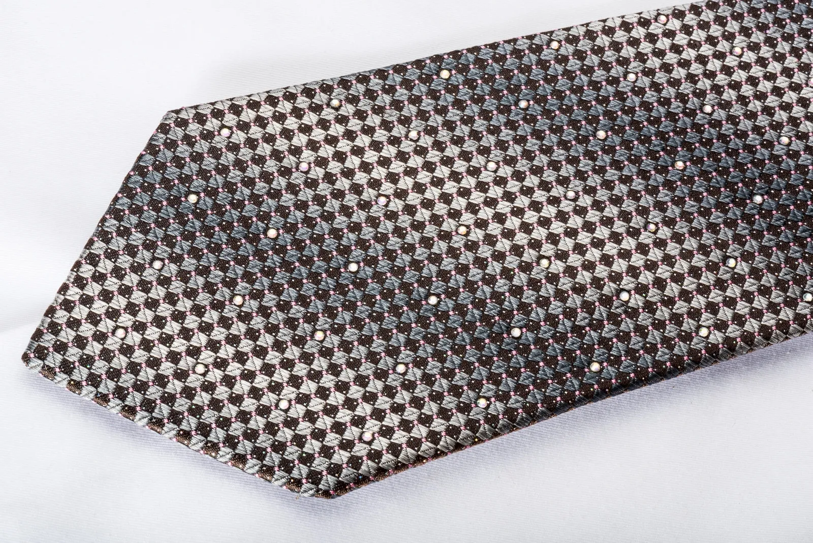 Saehan Rhinestone Silk Necktie Silver Brown Checkered With Silver Sparkles