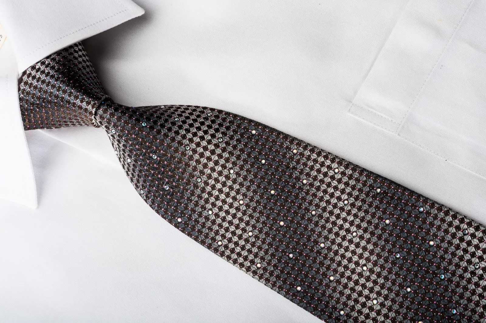 Saehan Rhinestone Silk Necktie Silver Brown Checkered With Silver Sparkles