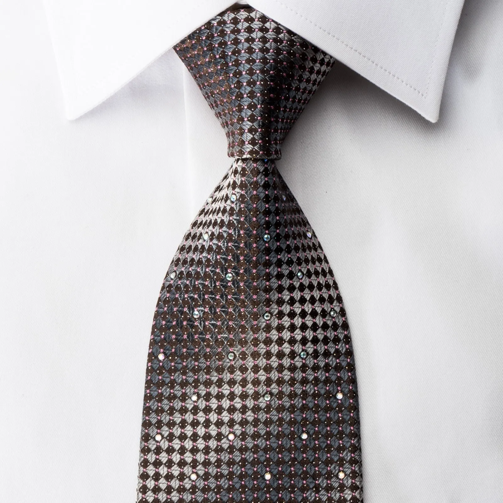 Saehan Rhinestone Silk Necktie Silver Brown Checkered With Silver Sparkles