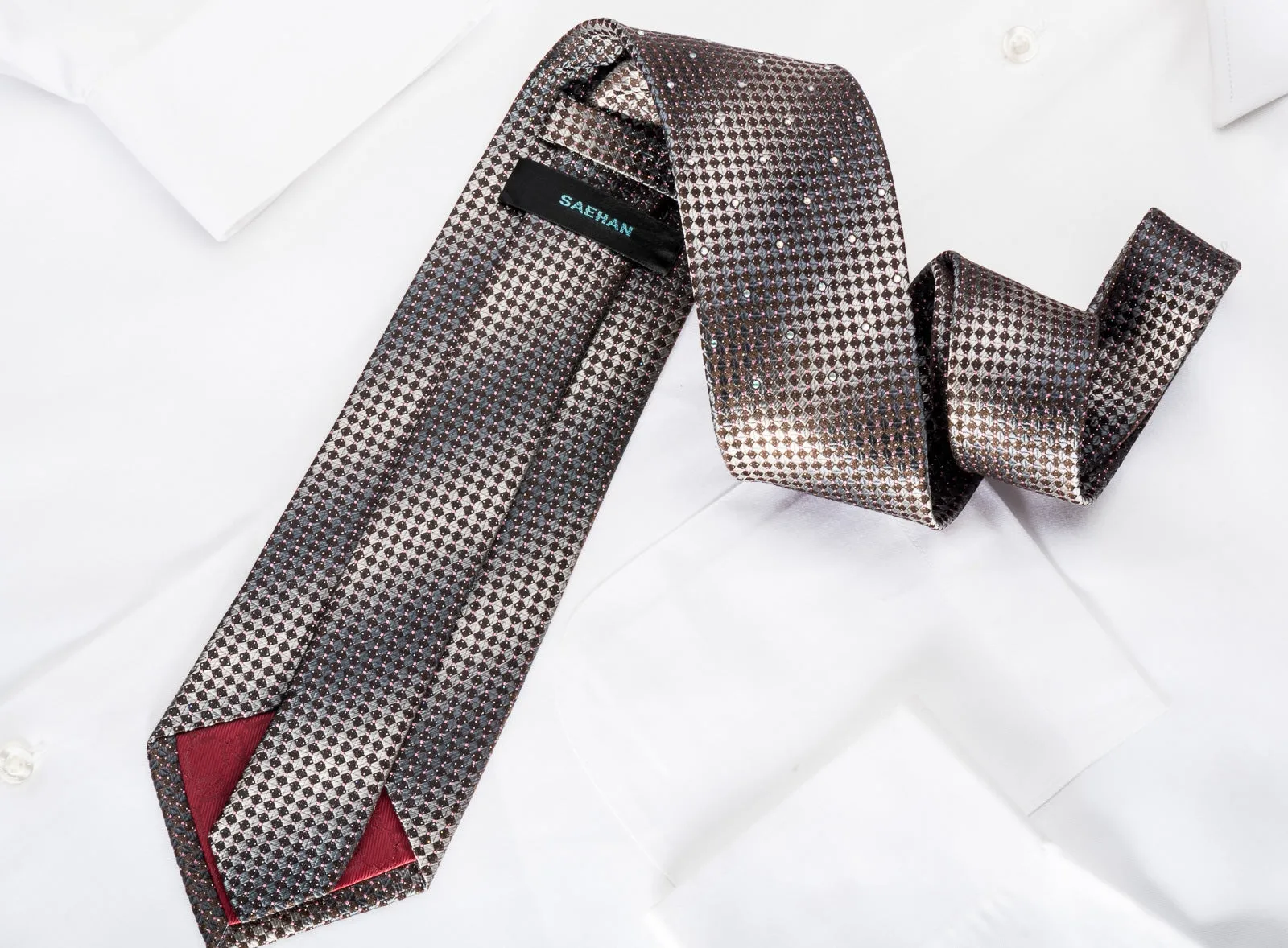 Saehan Rhinestone Silk Necktie Silver Brown Checkered With Silver Sparkles