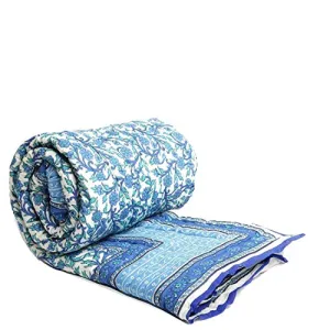 SVT Cotton Jaipuri Razai Single Bed Rajasthani Sanganeri Floral Print Quilt Blanket (Turquoise Blue, 60 x 90 Inches)