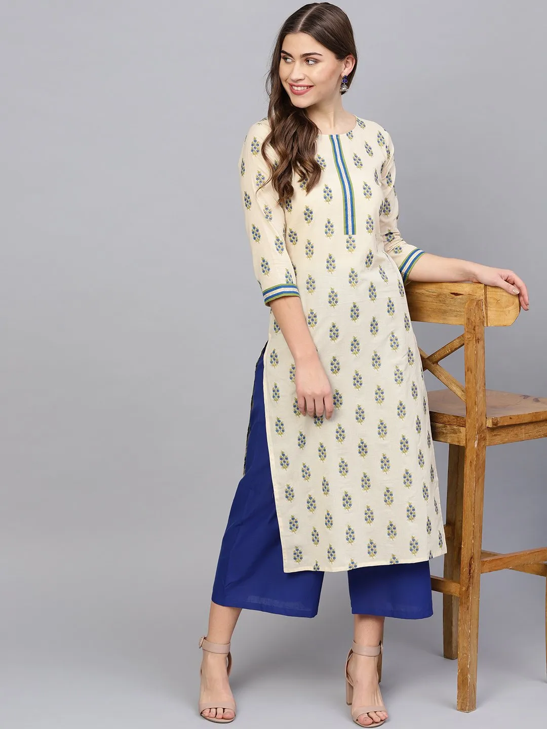 Women Cream-Coloured & Blue Printed Kurta With Palazzos