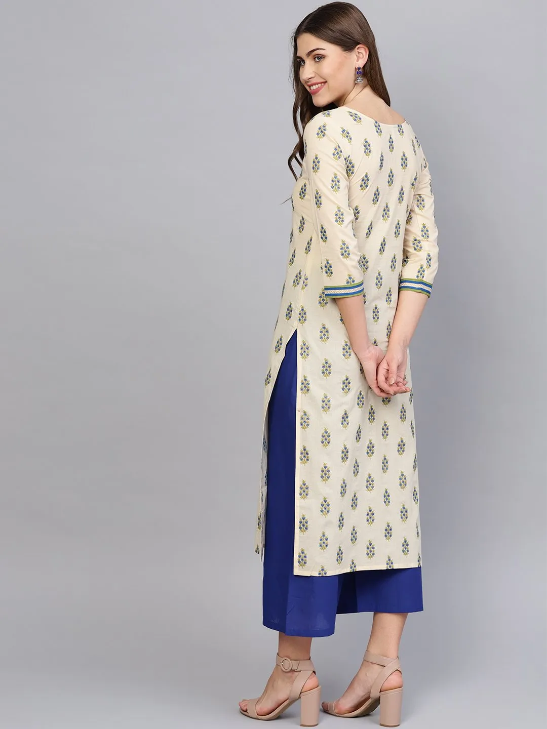 Women Cream-Coloured & Blue Printed Kurta With Palazzos