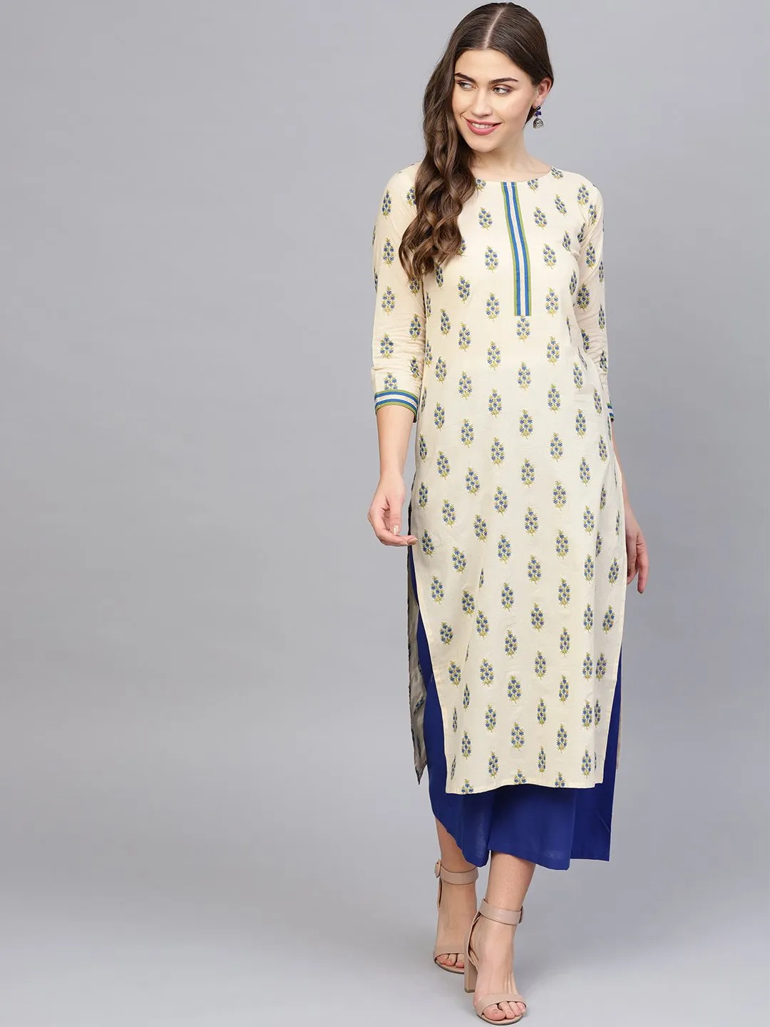 Women Cream-Coloured & Blue Printed Kurta With Palazzos