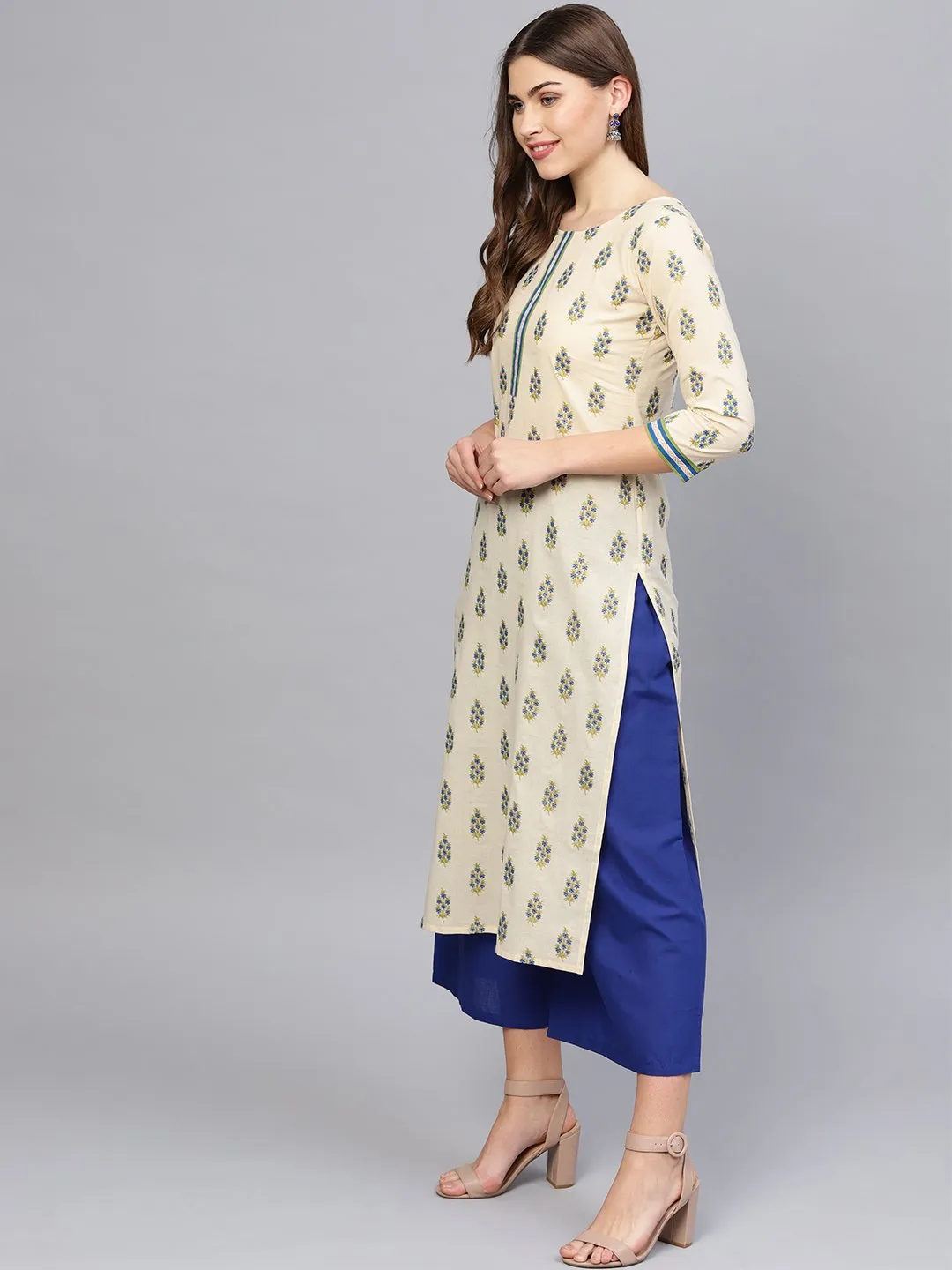 Women Cream-Coloured & Blue Printed Kurta With Palazzos