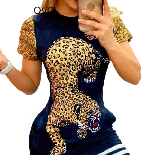 Women Elegant Casual Tiger Print Short Sleeve Mini  Dress