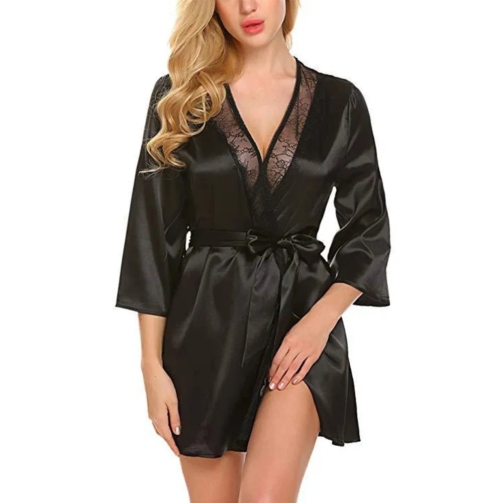 Women Satin Kimono Bathrobe Half Sleeve Lace Edge Bride Wedding Wrap Dressing Robes Nightgown Pajamas Ladies Home Clothes