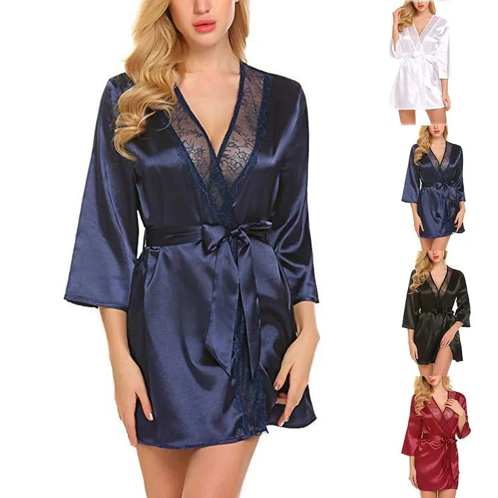 Women Satin Kimono Bathrobe Half Sleeve Lace Edge Bride Wedding Wrap Dressing Robes Nightgown Pajamas Ladies Home Clothes