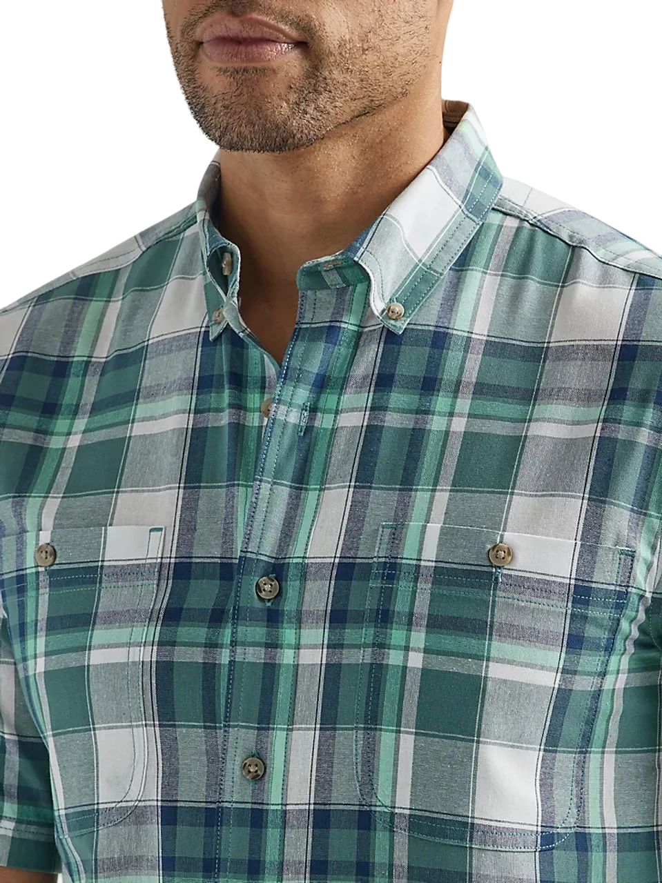 Wrangler Men's Rugged Wear Green & Blue Plaid Short Sleeve Shirt - Big