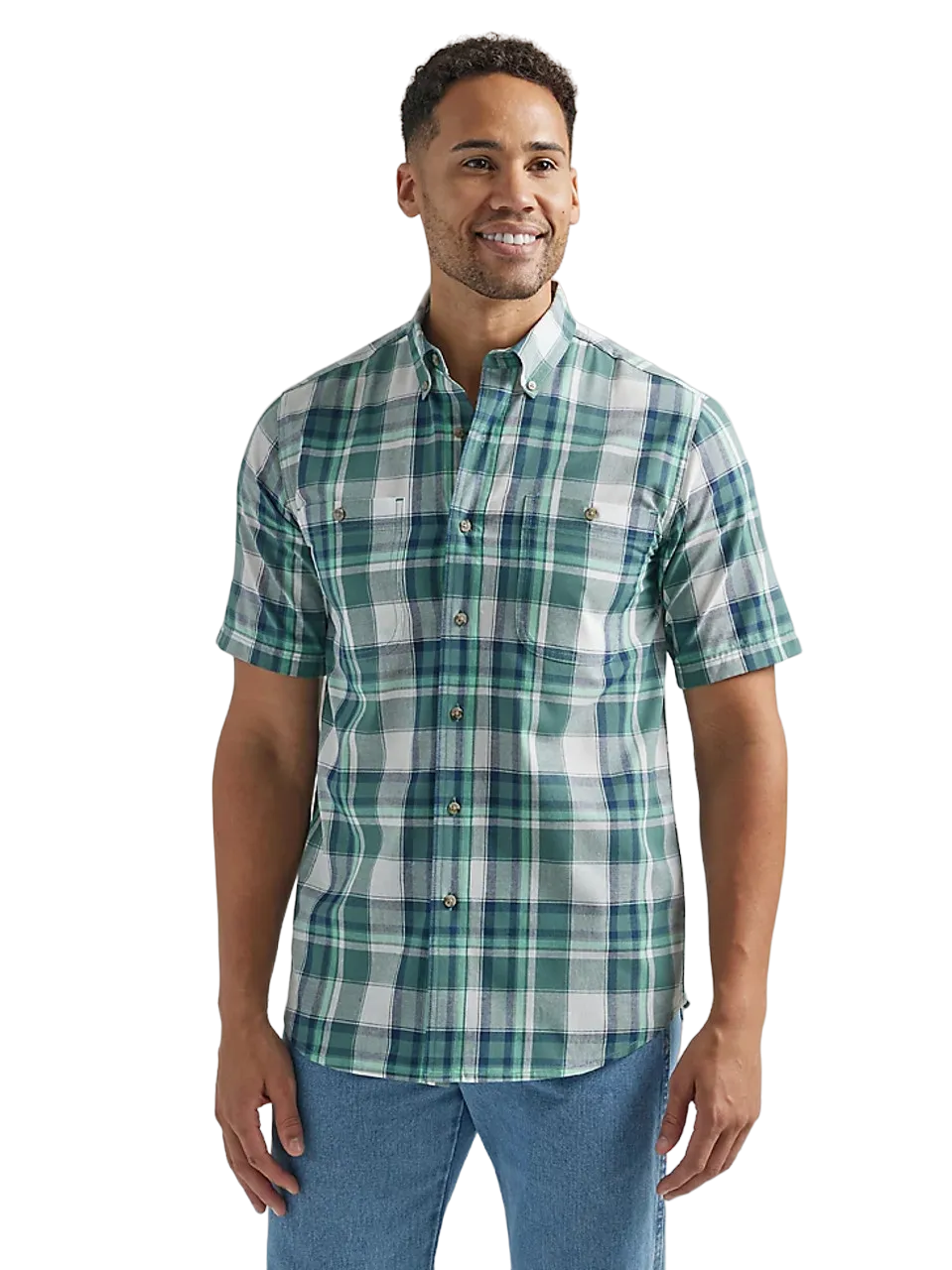 Wrangler Men's Rugged Wear Green & Blue Plaid Short Sleeve Shirt - Big