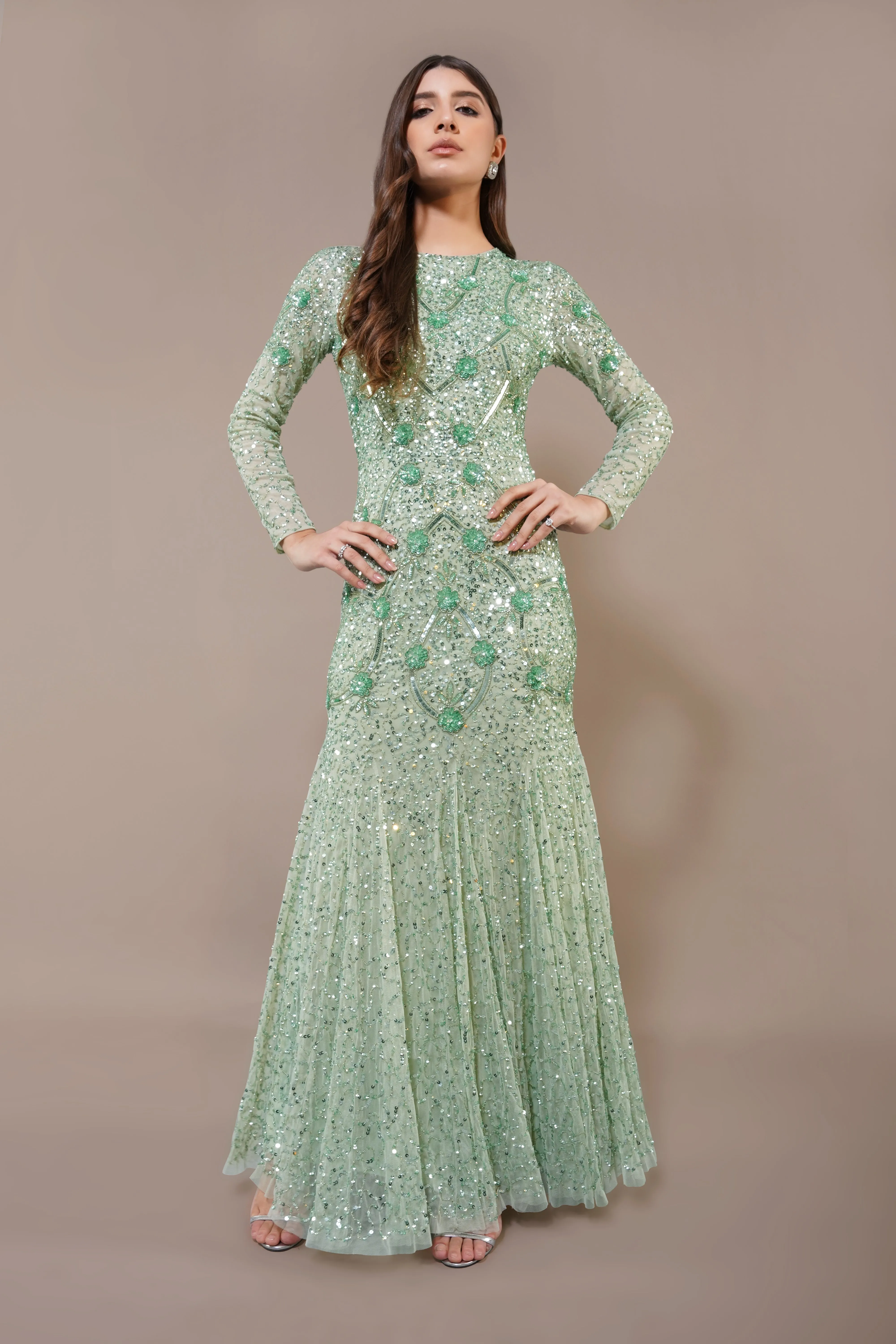 Zinnia Embellished Maxi Dress in Sage Green